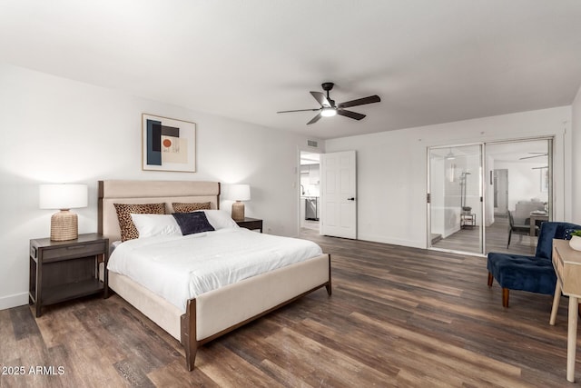 bedroom with ceiling fan and dark hardwood / wood-style flooring