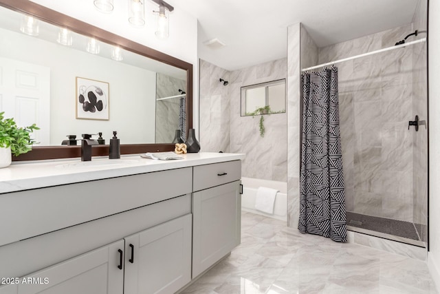 bathroom featuring vanity and walk in shower