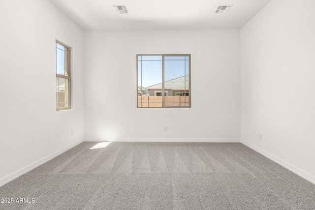 empty room featuring visible vents, carpet, and plenty of natural light