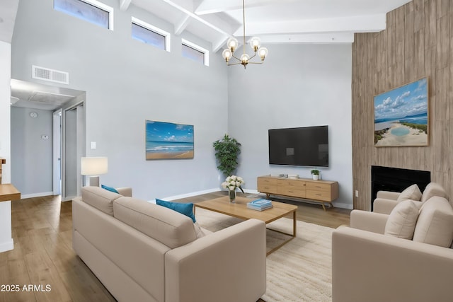 1017 E Maryland Ave Unit 236, Phoenix, AZ 85014 - living area with light wood-style flooring, high vaulted ceiling, beam ceiling, a notable chandelier, and visible vents