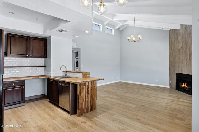 1017 E Maryland Ave Unit 236, Phoenix, AZ 85014 - kitchen with dishwasher, a sink, wood counters, a peninsula, and vaulted ceiling with beams