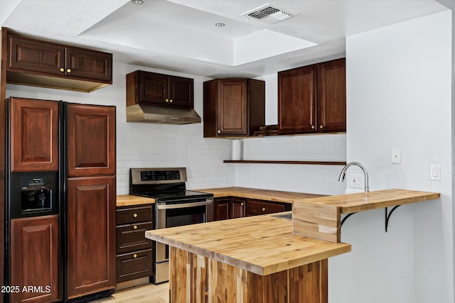 1017 E Maryland Ave Unit 236, Phoenix, AZ 85014 - kitchen with paneled refrigerator, under cabinet range hood, electric range, a raised ceiling, and wooden counters