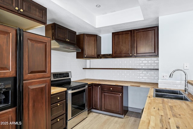 1017 E Maryland Ave Unit 236, Phoenix, AZ 85014 - kitchen with under cabinet range hood, butcher block counters, stainless steel electric stove, and a sink