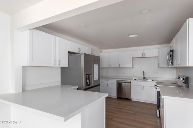 kitchen featuring appliances with stainless steel finishes, white cabinets, kitchen peninsula, dark hardwood / wood-style floors, and sink