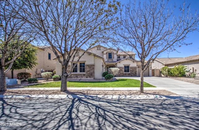 6192 S Claiborne Ave, Gilbert, AZ 85298 - view of front facade with stone siding, a garage, a tile roof, stucco siding, and driveway