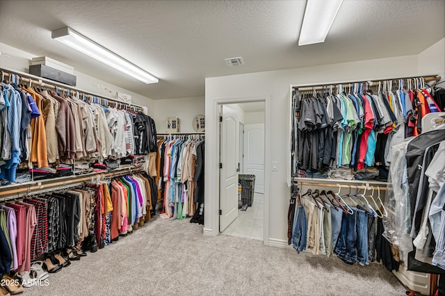 spacious closet featuring light colored carpet