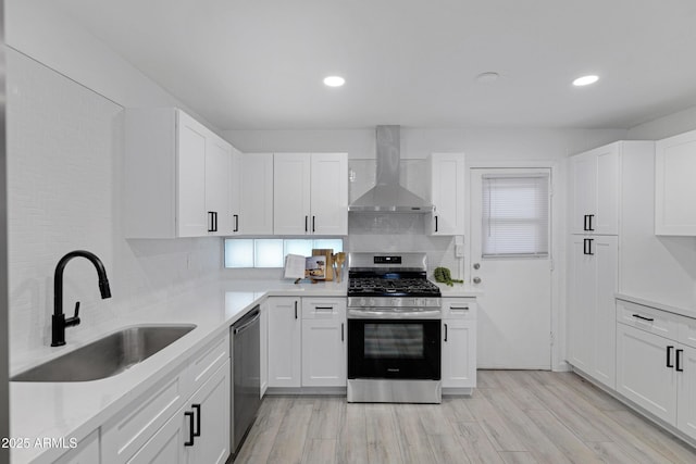 kitchen with tasteful backsplash, white cabinetry, sink, stainless steel appliances, and wall chimney exhaust hood