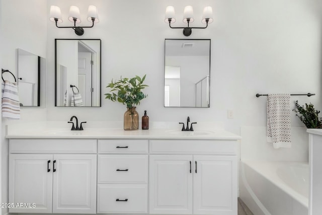 bathroom featuring a washtub and vanity