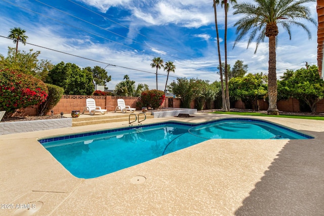 view of pool featuring a fenced in pool, a patio, and a fenced backyard