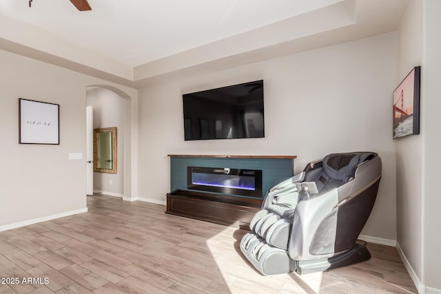 living room featuring a raised ceiling, ceiling fan, and light hardwood / wood-style floors