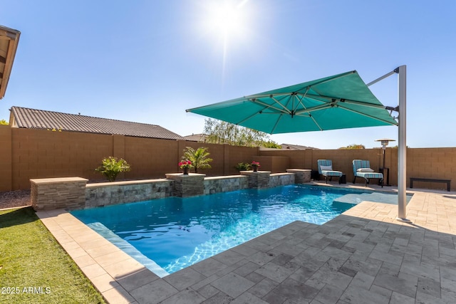 view of pool with pool water feature and a patio area