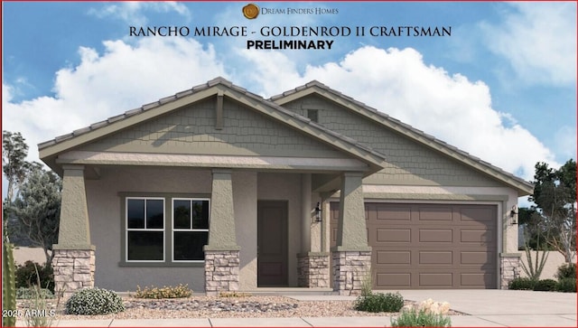craftsman-style house featuring stone siding, an attached garage, stucco siding, and driveway