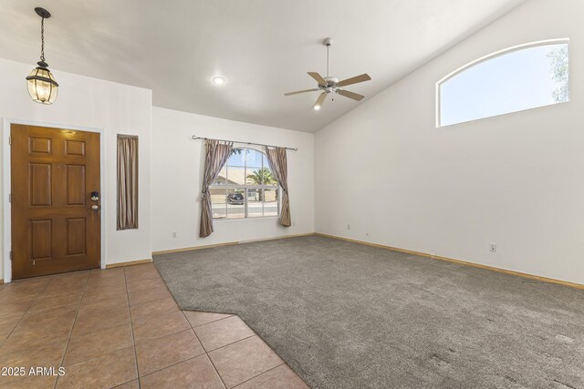 351 N Danyell Dr, Chandler, AZ 85225 - foyer featuring a ceiling fan, carpet floors, lofted ceiling, tile patterned flooring, and baseboards