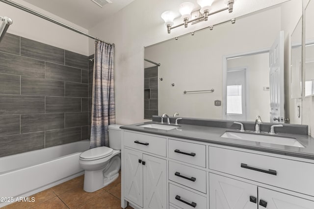 351 N Danyell Dr, Chandler, AZ 85225 - bathroom featuring double vanity, shower / bathtub combination with curtain, tile patterned floors, and toilet