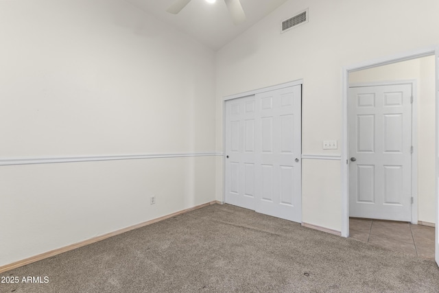 351 N Danyell Dr, Chandler, AZ 85225 - unfurnished bedroom with carpet, vaulted ceiling, a closet, ceiling fan, and baseboards