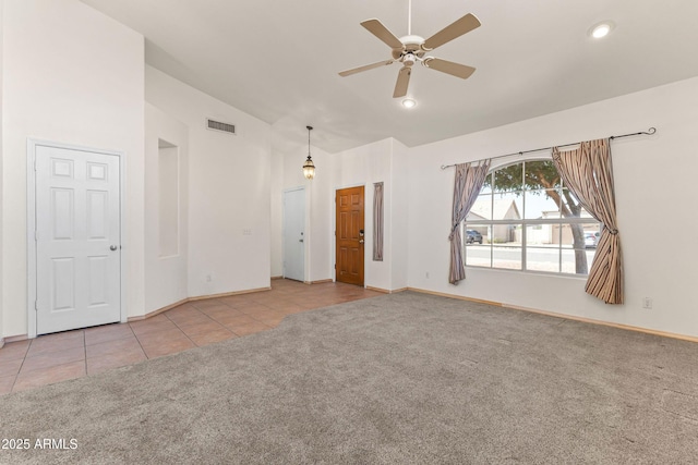 351 N Danyell Dr, Chandler, AZ 85225 - carpeted spare room featuring tile patterned flooring, ceiling fan, baseboards, and high vaulted ceiling