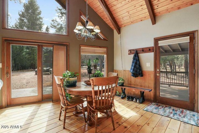 dining room featuring beam ceiling, an inviting chandelier, wainscoting, light wood-type flooring, and wooden ceiling