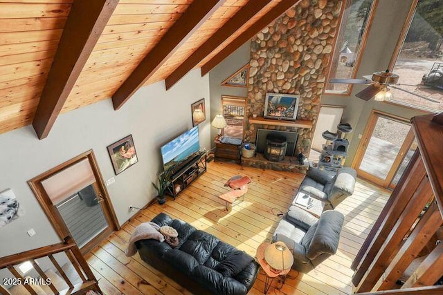 living room featuring beam ceiling, wood ceiling, a wood stove, wood finished floors, and high vaulted ceiling