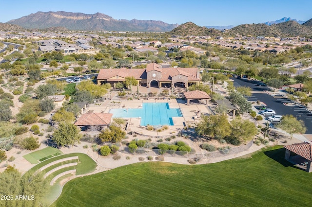 drone / aerial view with a mountain view and a residential view