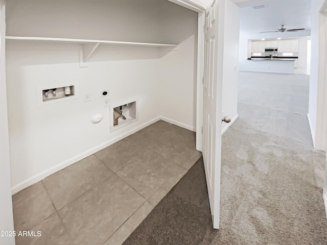 laundry room with electric dryer hookup, visible vents, a ceiling fan, gas dryer hookup, and hookup for a washing machine