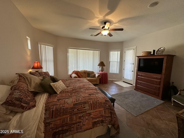 4116 E Sierra Sunset Trl, Cave Creek, AZ 85331 - bedroom featuring light tile patterned floors, access to outside, and a ceiling fan