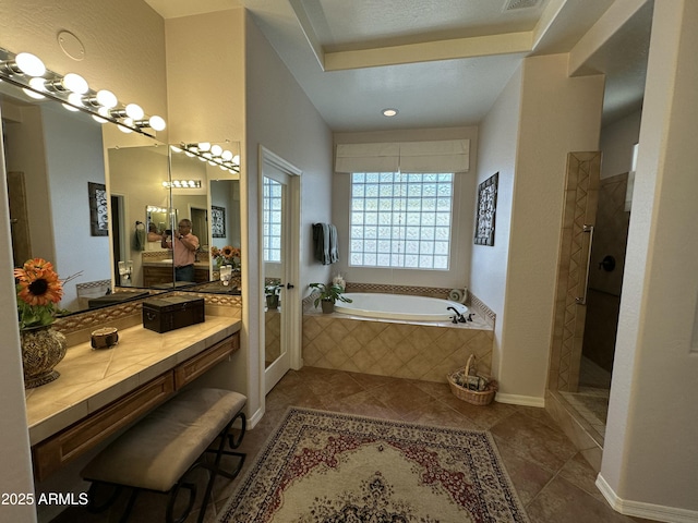 4116 E Sierra Sunset Trl, Cave Creek, AZ 85331 - full bathroom featuring visible vents, tiled shower, tile patterned floors, vanity, and a bath