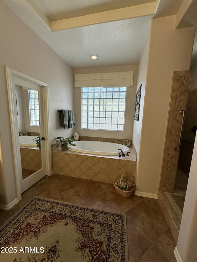 4116 E Sierra Sunset Trl, Cave Creek, AZ 85331 - bathroom featuring a garden tub, a tile shower, baseboards, and tile patterned floors