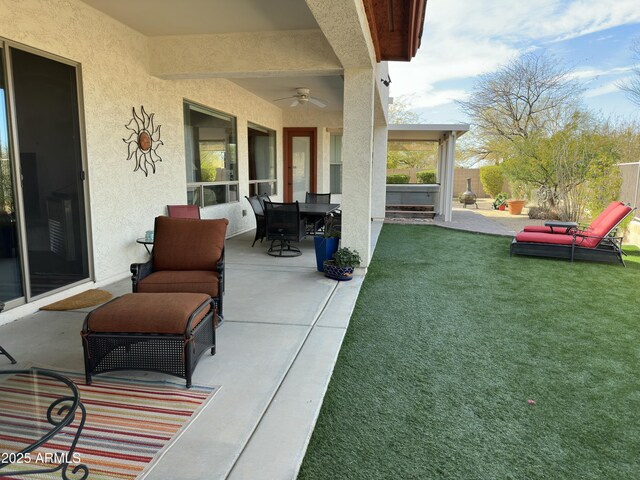 4116 E Sierra Sunset Trl, Cave Creek, AZ 85331 - view of patio / terrace featuring an outdoor living space, a ceiling fan, and outdoor dining space