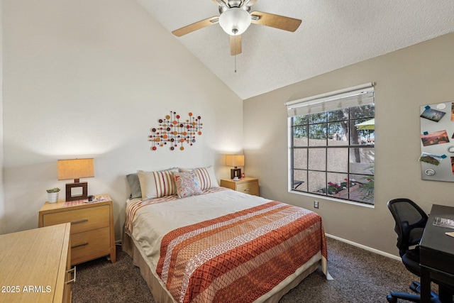 bedroom with ceiling fan, dark colored carpet, a textured ceiling, and lofted ceiling