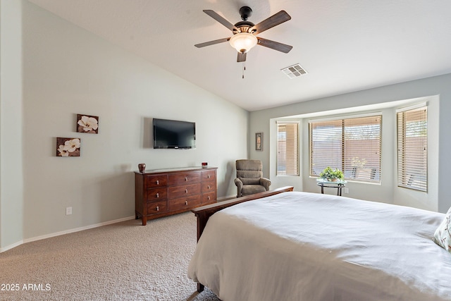 bedroom with lofted ceiling, carpet floors, and ceiling fan