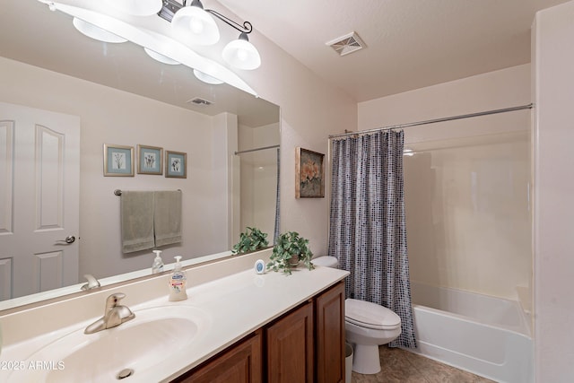 full bathroom with toilet, vanity, shower / bathtub combination with curtain, and tile patterned flooring