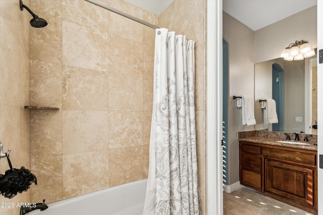 bathroom with vanity and shower / bath combination with curtain