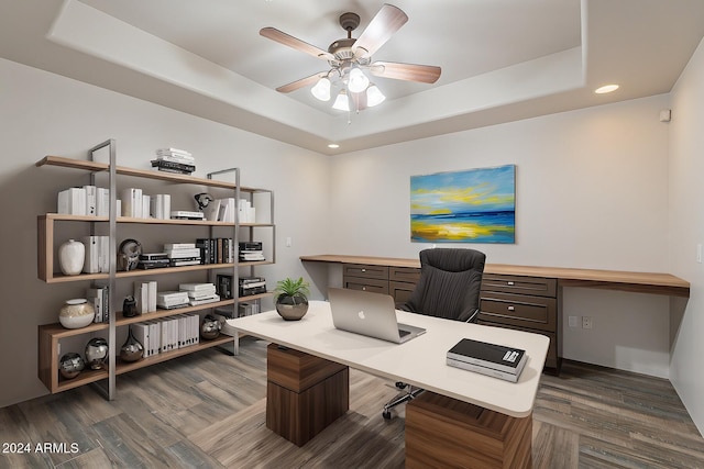 7845 E Dynamite Blvd, Scottsdale, AZ 85266 - office with ceiling fan, dark wood-style flooring, recessed lighting, and a tray ceiling
