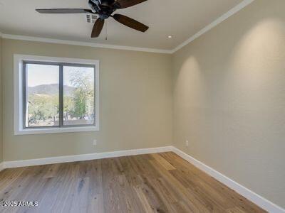 3634 N Desert Oasis, Mesa, AZ 85207 - empty room with wood finished floors, crown molding, baseboards, and ceiling fan