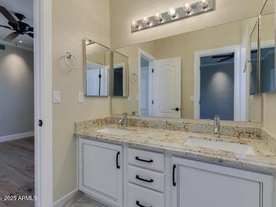 3634 N Desert Oasis, Mesa, AZ 85207 - full bathroom featuring double vanity, ceiling fan, and baseboards