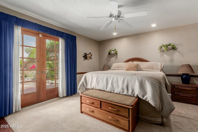 bedroom with access to outside, recessed lighting, french doors, ceiling fan, and light colored carpet