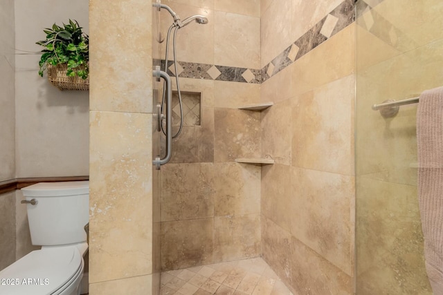 bathroom with a shower stall and toilet