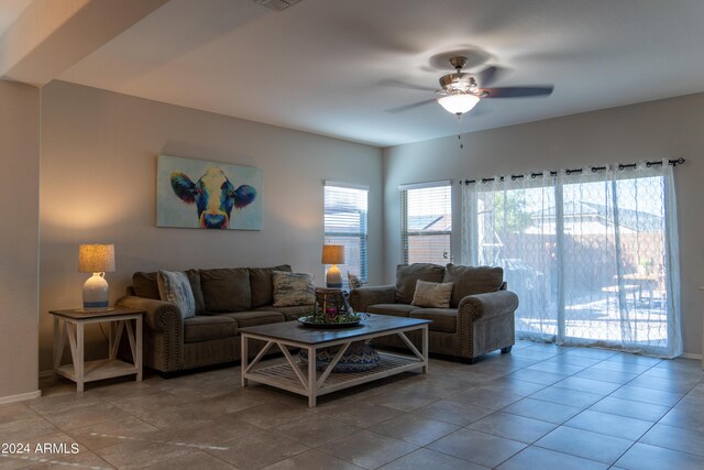 living room with ceiling fan