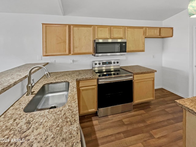 kitchen featuring stainless steel appliances, light brown cabinetry, sink, and dark wood-type flooring