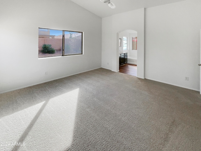 carpeted spare room featuring lofted ceiling