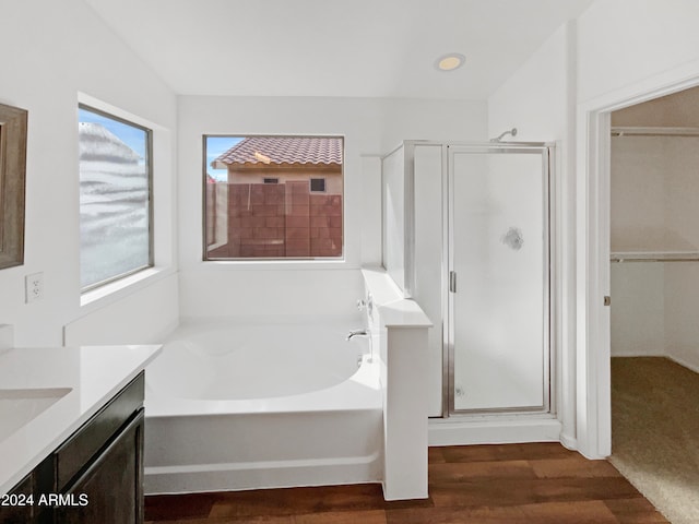 bathroom with a wealth of natural light, vanity, plus walk in shower, and hardwood / wood-style flooring