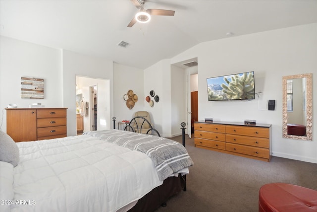 carpeted bedroom featuring vaulted ceiling and ceiling fan