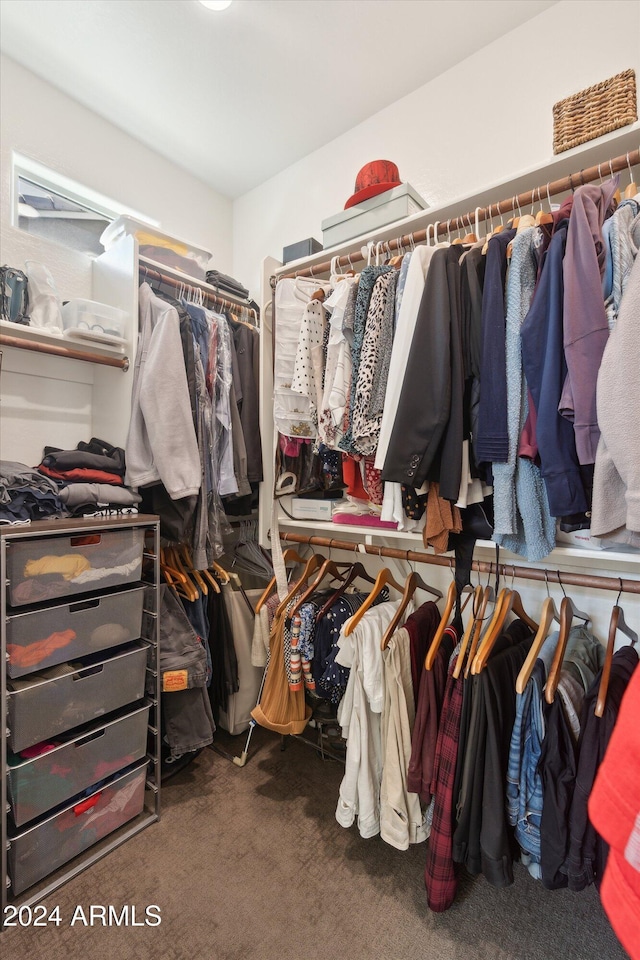 spacious closet featuring dark colored carpet