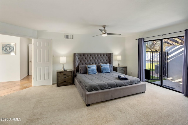 carpeted bedroom featuring access to exterior and ceiling fan