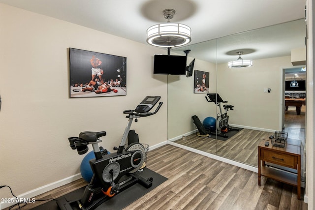 exercise room with hardwood / wood-style floors