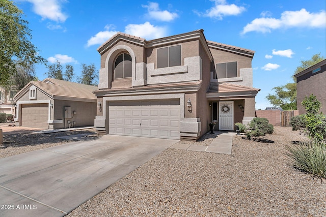 2412 W Camp River Rd, San Tan Valley, AZ 85144 - view of front of home with stucco siding, fence, a tiled roof, and driveway
