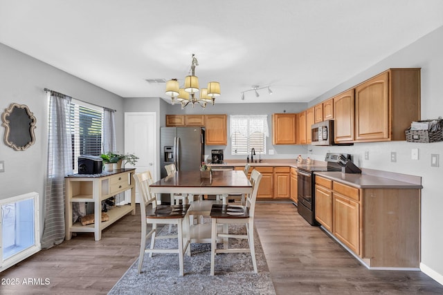 2412 W Camp River Rd, San Tan Valley, AZ 85144 - kitchen featuring wood finished floors, a chandelier, stainless steel appliances, and visible vents