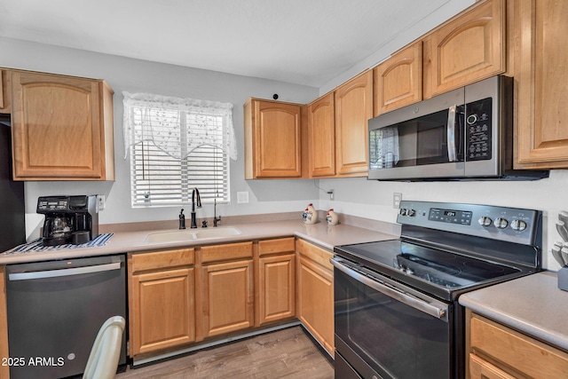 2412 W Camp River Rd, San Tan Valley, AZ 85144 - kitchen featuring light countertops, light wood-style floors, stainless steel appliances, and a sink