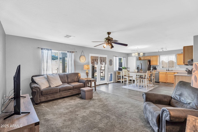 2412 W Camp River Rd, San Tan Valley, AZ 85144 - living room featuring visible vents, light wood finished floors, and ceiling fan