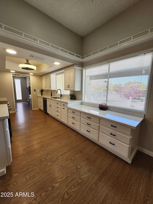 kitchen featuring dark wood-type flooring, dishwasher, white cabinets, and a sink